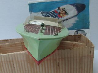 Vintage Ito Japan Wood outboard Boat W/Motor And Stand In orig.  Box 4