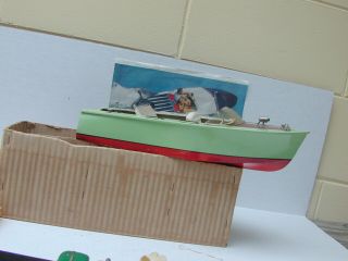 Vintage Ito Japan Wood outboard Boat W/Motor And Stand In orig.  Box 5