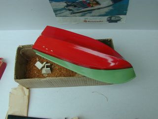 Vintage Ito Japan Wood outboard Boat W/Motor And Stand In orig.  Box 8