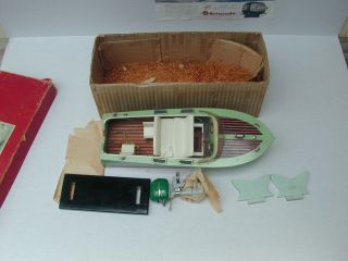 Vintage Ito Japan Wood outboard Boat W/Motor And Stand In orig.  Box 9