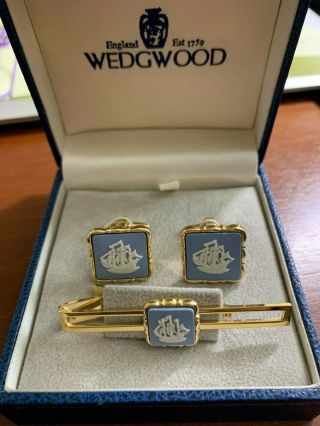 Wedgwood Vintage Tie Bar And Cuff Link 3pc Set - Made In England -