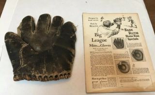 Rare 1925 - 30 " Left - Handed " Babe Ruth Baseball Adult Glove Vintage With Ad