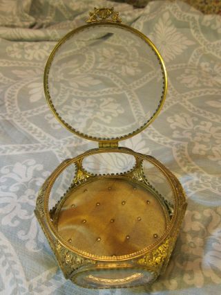 Vintage 1960s Ormolu Beveled Glass Vanity Jewelry Casket Trinket Box Large 7pane