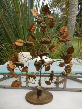 Vintage Brass Dresden Style Sculpture Tree Of Life Animal Candle Holder