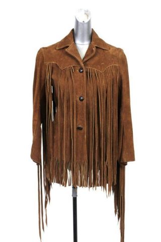 Vintage Womens Brown Pioneer Wear Western Suede Leather Fringe Jacket Coat Small