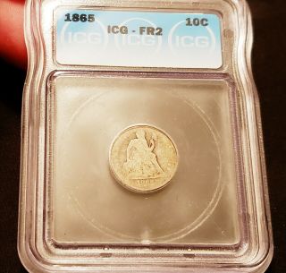 1865 Seated Liberty Dime - Rare Low Mintage Coin,  Certified By Icg