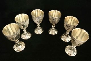 6 VINTAGE CORBEL & CO.  SILVER PLATE GRAPE AND FLOWER SHERRY CORDIAL GOBLETS 2