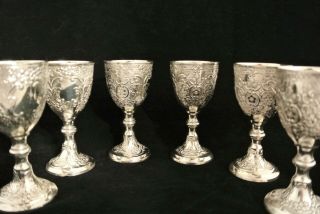 6 VINTAGE CORBEL & CO.  SILVER PLATE GRAPE AND FLOWER SHERRY CORDIAL GOBLETS 3