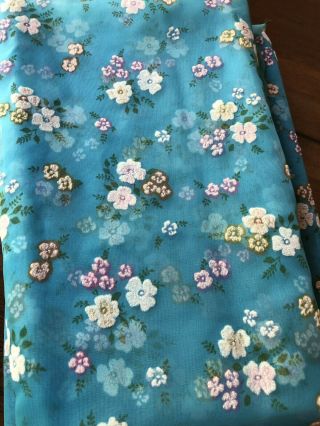 Vintage Aqua Blue Flocked Daisy Floral Fabric