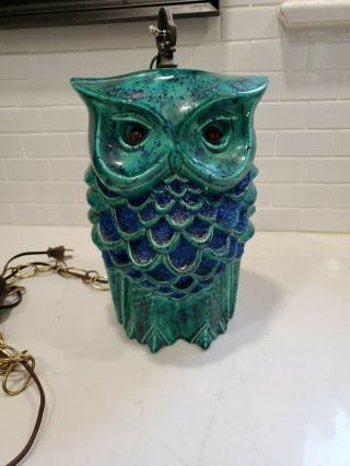 Vintage Ceramic Owl Drip Glaze Pottery Hanging Swag Light Lamp 13 "