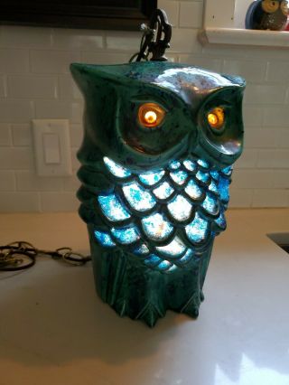 VINTAGE CERAMIC OWL DRIP GLAZE POTTERY HANGING SWAG LIGHT LAMP 13 