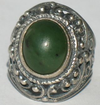 Antique Russian Sterling 875 Silver Ag Ring Sz 6 Green Stone Chrysoprase Jade Ol