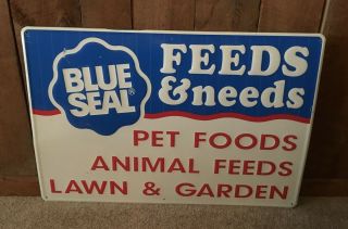 Vintage Blue Seal Feed Pet Food Animal Feeds Lawn & Garden Embossed Metal Sign