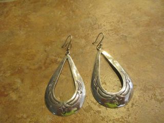 3 1/4 " Scarce Older Vintage Navajo Sterling Silver Design Dangle Earrings
