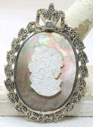 Vintage Sterling Silver & Marcasite Large Abalone Mother Of Pearl Carved Cameo