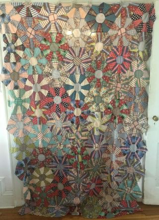 Vintage Antique Unfinished Dresden Plate Quilt Top Colorful 88” X 58”