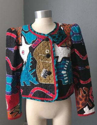 Vtg 80s Jeanne Marc Logo Quilted Crop Bolero Jacket Abstract Crazy Sz Small