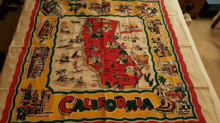 Vintage Mid Century California State Map Souvenir Tablecloth Old Stock