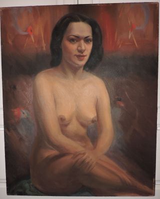 Vintage Modernist Nude Brunette Woman Oil Large Painting By Carl Tolpo C1940s