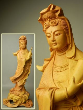 Japanese Vtg Signed Buddhist Goddess Kannon Quan Yin Buddha Statue Carved Wood