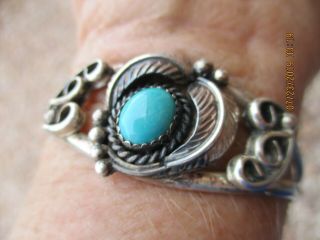 Vintage Navajo Sterling Silver Cuff Bracelet With Turquoise Signed Nakai Blossom