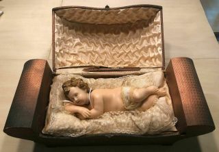 Antique French Wax Baby Jesus Doll Animatronic Moving W/ Music Box