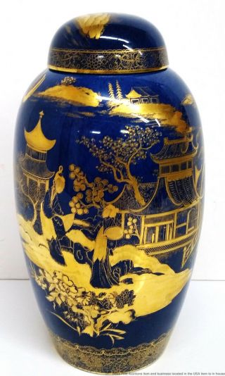 Vintage Art Deco Carlton Ware Gilt Blue Porcelain Pagoda Covered Ginger Jar