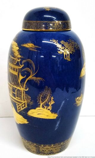 Vintage Art Deco Carlton Ware Gilt Blue Porcelain Pagoda Covered Ginger Jar 3
