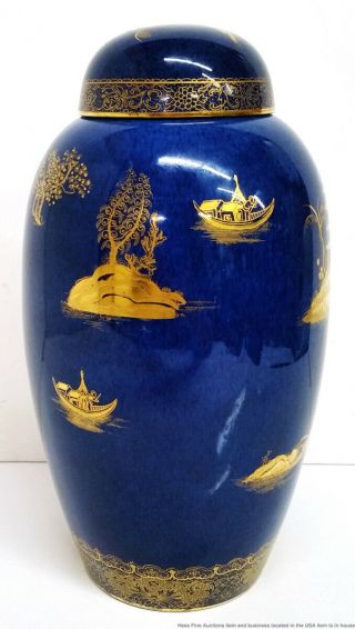 Vintage Art Deco Carlton Ware Gilt Blue Porcelain Pagoda Covered Ginger Jar 4