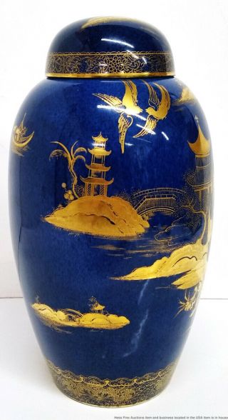 Vintage Art Deco Carlton Ware Gilt Blue Porcelain Pagoda Covered Ginger Jar 5
