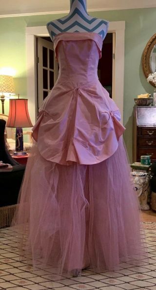 Vintage 50’s Pink Silk Taffeta Ball Gown/ Prom Dress By Fred Perlberg - 26” Waist