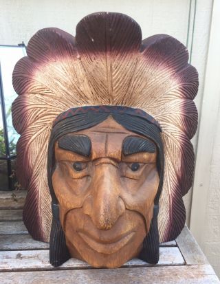 Vtg Wooden Hand Carved Native American Indian Chief Cigar Store Head Face Bust