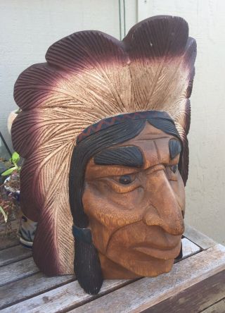 Vtg Wooden Hand Carved Native American Indian Chief Cigar Store Head Face Bust 2
