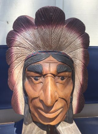 Vtg Wooden Hand Carved Native American Indian Chief Cigar Store Head Face Bust 3