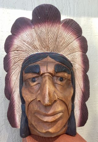 Vtg Wooden Hand Carved Native American Indian Chief Cigar Store Head Face Bust 4