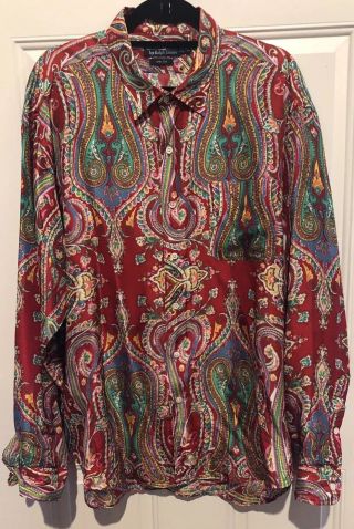 Rare Polo Ralph Lauren 100 Silk Vtg Paisley Back Panel Shirt Xxl Chest 58