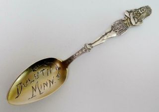Antique Sterling Silver Souvenir Spoon Full Figural INDIAN Handle,  Duluth Minn. 2