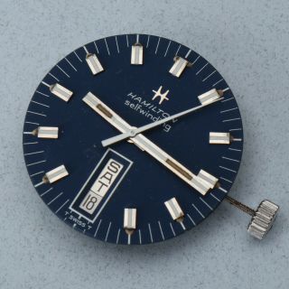 Vintage Hamilton 825 Swiss Watch Movement Blue Dial Stem Crown Runs Parts Repair
