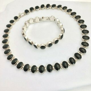 Quality Vintage Sterling Silver Black Onyx Necklace Bracelet Taxco Mexico 118 Gr