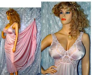 Vtg Olga Gold Label Spandex Top Lace Nylon Negligee Nightgown L Xl Huge Sweep