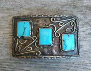 Vintage Navajo Silver Turquoise Belt Buckle Handmade 3.  5 " X 2 " 72g