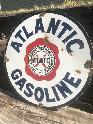 Vintage Atlantic Gasoline Porcelain Sign Food Gas Oil Pump Plate Station
