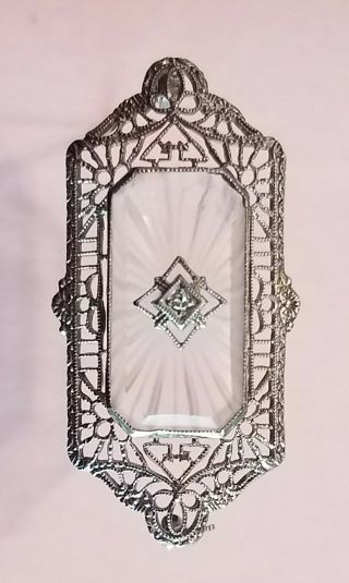 Antique Art Deco 10k White Gold Etched Filigree Camphor Glass Diamond Pin
