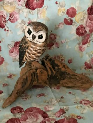 Vintage Hand Carved Wooden Bird Folk Art Owl On Driftwood Signed