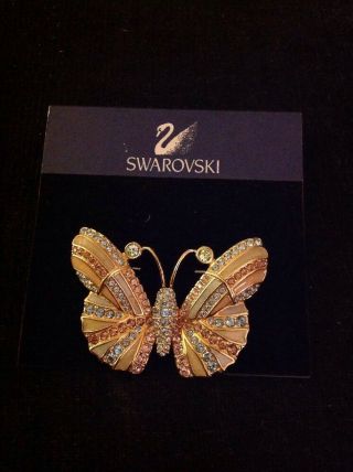 Vintage Swarovski Swan Gold Tone Rhinestone Crystal Butterfly Pin Brooch
