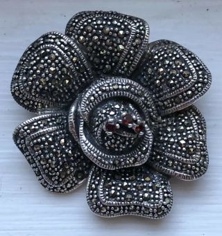 Vintage Sterling Silver Marcasite And Garnet Flower Brooch Pin - Immaculate