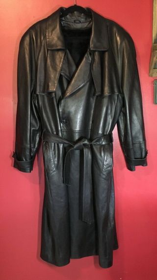 Claude Montana Vtg Mens Leather Coat Sz 56 Black Lambskin Belt Lined Full Length