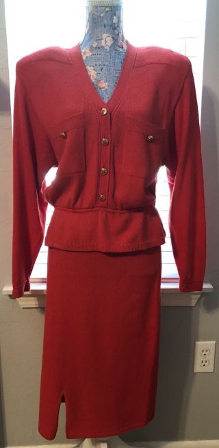 St John Womens Size 14 Vintage Red Skirt Button Blazer Top Set Santana Knit