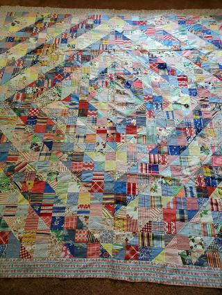 Vintage Cotton Quilt Top - Trip Around The World Feedsack Fabric Hand Done 85 " Sq