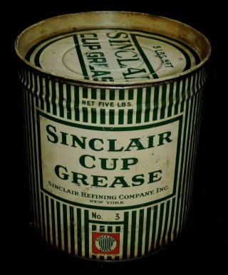 Rare Vintage Sinclair Oil Cup Grease 5 Lbs Tin Can & Lid 3 Green Cream Stripe